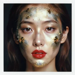 portrait of a woman, close - up, metal on face, precious metals on skin, high sharpness, zeiss lens, fashion photo shoot, oil on face, brown hair, bees, red lipstick, palaroid effect, edward buba, annie leibovitz, paolo roversi, david lazar, jimmy nelsson, eiko hosoe, artistic, hyperrealistic, beautiful face, octane rendering