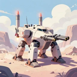 an armored core on the ground, booster flares, legs, laser rifles, karst landscape, clouds, daylight ; detailed illustrations, pastel tones, deep colors, clear lines, motion blur, by jordan grimme, greg rutkowski