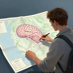 a cartographer looks over a large paper map of human consciousness, digital art painting featured on artstation
