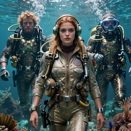 detailed ultrarealistic photography front medium shot of psychedelic, waterworld, submariner, warhammer, postapocalyptic, scifi cyberpunk scubadiver, pilot girl, leyendecker, norman rockwell, greg rutkowski, artstation cinematic, vray game of thrones, lord of the rings