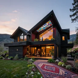 exterior of an all black psychedelic modern ecopunk frank lloyd wright shotgun house mansion made entirely of redwood in the mountain valley of colorado during sunset with soft lamp light, lots of plants and stained glass ceilings and persian rugs