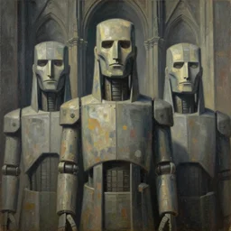 three brutalist giant sacred robots visage, portrait, judge, cathedral, dystopian, pj crook, edward hopper, oil on canvas
