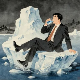 ice burg with legs and a business suit drinking ice cold water drawn like a traditional classical Japanese art