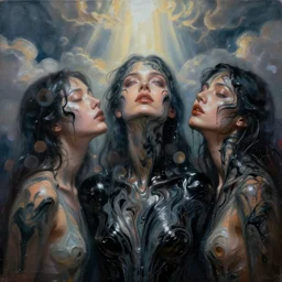 three female bodies melting liquid acrylic painting abstract in glass and black latex fluid, black paint, female face, woman body, hypperrealistic, bokeh, long exposure, close up portrait, fantasy concept art, epic light, clouds, god rays, heaven, art noveau, artistic sketch, dark mood, film still, swirly body painting