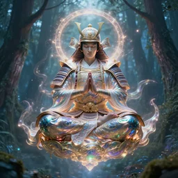 magical samurai floating meditating in enchanted forest, digital art, surreal, beautiful, detailed, highly detailed, intricate, powerful warrior, glowing, prismatic, pearlescent, portrait, detailed, realism, classical, trending on artstation, 8k, ultra realistic, highly detailed, by alex grey, by moebius, by peter mohrbacher