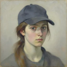 a painting of a woman wearing a baseball cap, an oil on canvas painting by Luc Tuymans, featured on reddit, synthetism, oil on canvas, academic art, art on instagram, washed-out colors, soft focus
