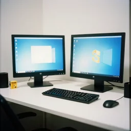 kodak portra 4 0 0 photographic and realistic, a modern room with a clean desk and a windows xp computer, detailed, octane render, unreal engine, 4 k, artstation, hyper realistic, wide angle, 3 5 mm, sharp focus, warm light, in the style of gregory crewdson