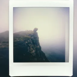 a giant head peaking over a foggy cliff, polaroid,