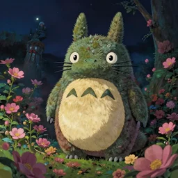 spirit creature in the flowers at night made by studio ghibli, beautiful scene, detailed, high quality, high details, smooth, 8 k
