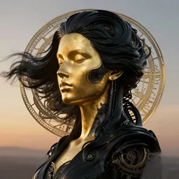 epic illustration, gold bodypaint, neobrutalistic, digital abstract sculpt of beautiful female face and black swirling latex acrylic portrait, black latex sculpt, minimalism, mechanical superstructure, strong wind, sacred geometry, 8 k, cinematic, magic hour, beautiful light, sculpture of carving marble, dark colors, filigree ornaments, one point light, clockwork, epic matte painting