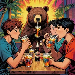a group of friends drinking bear, comic art, highly detailed, colorful