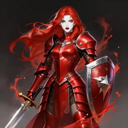 splash art for beautiful female templar, red armor, redhead, white skin, lipstick, sword and shield, digital illustration, by riot games