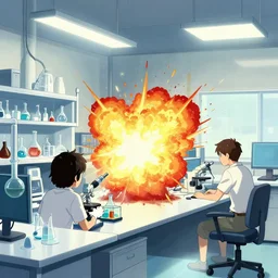goro fujita ilustration a science laboratory in a game dev studio office, explosion in the laboratory fire and smoke, painting by goro fujita, sharp focus, highly detailed, artstation