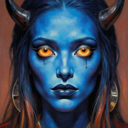 close up sci - fi hippie poster art simon stalenhag gundam monster eyes, blue demon skin, elegant, highly detailed, centered, digital painting, concept art, smooth, sharp focus, illustration, artgerm, tomasz alen kopera, peter mohrbacher, donato giancola, joseph christian leyendecker, wlop, frank frazetta