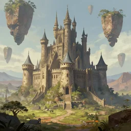 a giant, old african castle located in a plateau highland surrounded by floating rocks, fantasy, digital painting, trending on artstation, concept art, illustration, art by joe stiller