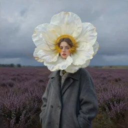 portrait, grande flower head, a girl wearing a coat in heather field, surreal photography, wind and cold, dramatic sky, impressionist painting, digital painting, artstation, simon stalenhag