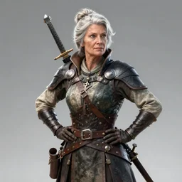 old woman swashbuckler by frank miller, arms akimbo, octane render, global illumination, fantasy