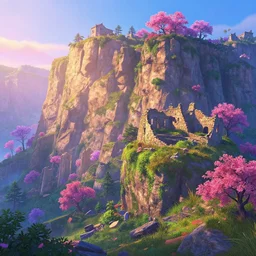 a gorgeous landscape in the style of thomas cole and pixar. ruins in the cliffside. beautiful beyond imagination! enchanting, mysterious, alluring. rich saturated colors, light bloom, hyperrealism, extremely detailed! 8 k, smooth gradient cgi, path tracing, trending on artstation