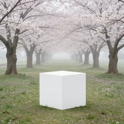 photograph of a white concrete cube sitting in the middle of a cherry blossom forest clearing, foggy, liminal