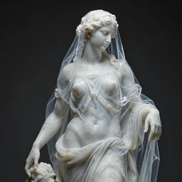 “a delicate renaissance evil marble sculpture covered with water veil, highly detailed transparent marble cloth, gi, global illumination, physically based rendering, photorealistic, top light, dark background ”