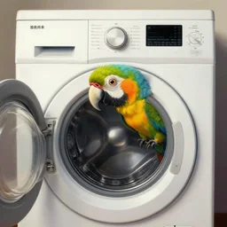 a beautiful illustration of a major appliance top load washing machine with a parrot head coming out of the washing machine, intricate, sharp focus, illustration, highly detailed, digital painting, concept art, matte, art by wlop and artgerm and greg rutkowski and alphonse mucha, masterpiece