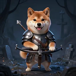 anthropomorphic shiba inu, holding medieval crossbow, medieval armor, dark aura, fantasy, dark graveyard scene, portrait art by donato giancola and greg rutkowski, realistic face, digital art, trending on artstation, symmetry