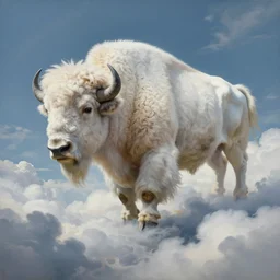 a painting of a gigantic white fluffy bison flying through the clouds. landscape painting. trending on artstation. extremely detailed clouds.