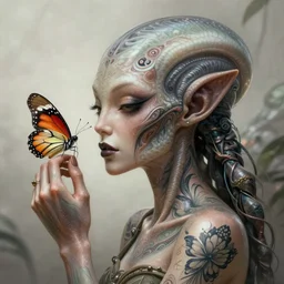 attractive and tattooed female alien looking to a butterfly, soft natural light, intricate, highly detailed, digital painting, artstation, concept art, smooth, sharp focus, illustration, art by greg rutkowski and uang guangjian and gil elvgren, symmetry!
