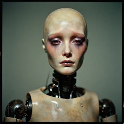 a beautiful masterpiece portrait photograph of a wistful weeping humanoid android with a pained look on her face, longing for solace by bill henson and andy warhol, forward facing, kodak portra 4 0 0, 5 0 mm, f 2. 8, trending on cgsociety