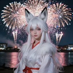 firework festival at riverbank, white hair goddess with white fox ears, by kyoto animation, insanely detailed. instagram photo, kodak portra. by wlop, ilya kuvshinov, krenz cushart, greg rutkowski, pixiv. zbrush sculpt, octane, houdini, vfx. cinematic dramatic atmosphere, sharp focus, volumetric lighting