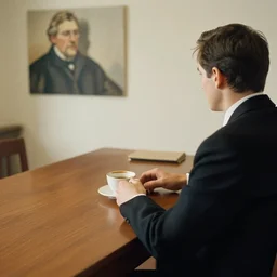 man in desk with coffee and black suit by leyendecker and dean cornwell, 5 feet distance from the camera