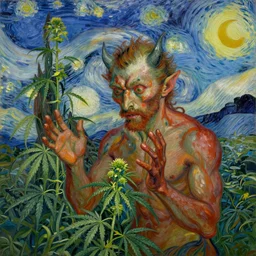 devil spreads his hands against the background of growing cannabis. an oil painting in the style of van gogh