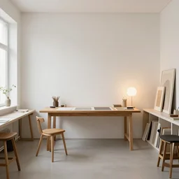 beautiful art studio in the style of minimalism, ambient lighting, hd photography