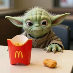 yoda, upset, yoda sitting behind a table inside mcdonald's, small red cardboard box on table, yellow m logo on box, one chicken mcnugget 3 5 mm, f / 2. 8