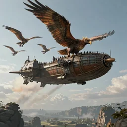 an ancient skyship pulled by a pack of flying griffins, hyperrealistic, octane.
