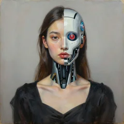 hyperrealism oil painting, fashion model with half robot face