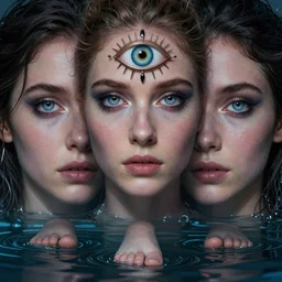 three eyed goddess, third eye in middle of forehead, wide shot, hairy bodies, feet in water, beautiful colors, eye in forehead, pins, beautiful lighting, very detailed, eyes reflecting into eyes reflecting into infinity
