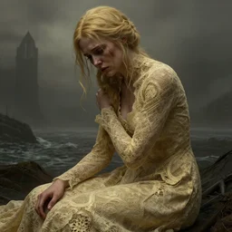 cinestill 5 0 d panorama of a woman by roversi, gritty, gloomy, pain, sad, intricate, elegant, sharp focus, artstation, dress in lace in a dystopian seascape, pale gold matte, sharp focus, illustration, octane render, unreal engine, art by roberto ferri greg rutkowski, epic fantasy, digital photo art