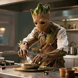 film still of Groot working as a chef in the new Avengers movie, 4k