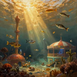An amusement park underwater, warm color pallete, Thomas Cole, digital art