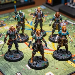 full - color resin figurines for a cyberpunk rpg, on a game board. intricate ; finely detailed.