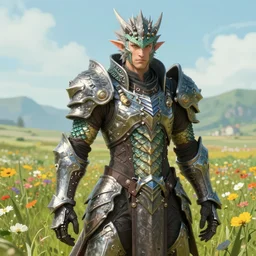 a wide angle shot character portrait of an au ra with dragon scale skin standing in a field of flowers wearing warframe armor, in the style of final fantasy xiv, octane render, digital painting, a realistically proportioned face, photorealistic eyes, good value control, smooth, realistic shading, realistic face details, illustration, substance painter, very highly detailed