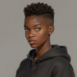 photographic portrait of an handsome young black woman with a mohican haircut and green eyes in a back hoodie, flat lighting, elegant, highly detailed, digital painting, artstation, concept art, sharp focus, star wars, illustration, art by bayard wu, by wlop, by ross tran