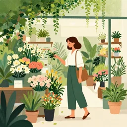 editorial illustration portrait of a woman shopping in a florist shop interior foliage overgrowth, ivy, flowers, mads berg, christopher balaskas, victo ngai, rich grainy texture, detailed, dynamic composition, wide angle, kurzgesagt, matte print, unreal engine, screen print, ( ( dither ) )