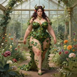 a stunning matte portrait of a thicc and voluptuous demon dressed as a beautiful poison ivy walking through a flowering garden, greenhouse in the background, intricate, elegant, highly detailed, digital painting, artstation, concept art, sharp focus, illustration, byrebecca guay and arthur rackham and alphonse mucha and john william waterhouse, pixv