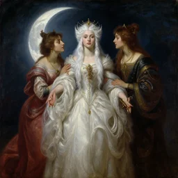 queen go, ddess luna, moon, wh, ite hair, high fantasy, by john berkey, by pe, ter mohrbacher, renais, sance oil pain, ting, realism, master study