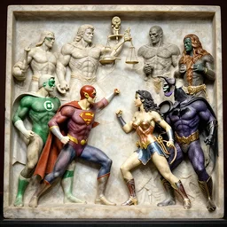 a giant marble relief sculpture in the style The Ludovisi Battle sarcophagus depicting the Justice league battling the Legion of doom, detailed, intricate Marble sculptures of Green Lantern, the Flash, Superman, Batman, Wonder Woman, Aquaman and Martian Manhunter battling Lex Luther, Gorilla Grodd, The Scarecrow, Braniac, Solomon Grundy, Cheetah and Sinestro, all carved out of one giant Block of Marble