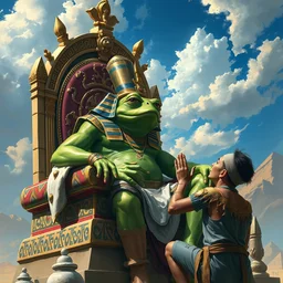 pepe the frog painted as old egypt god sitting on a glorious throne, a person bending knee front of him worshipping him, 1 7 th century, digital art, wet - on - wet technique, realistic, expressive emotions, intricate textures, illusionistic detail, peter mohrbacher, epic, artstation, vivid sky, junji ito, detailed hands, detailed faces,