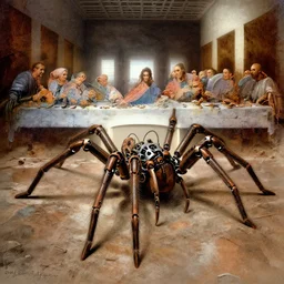 mechanical robot spider at the last supper, wide angle shot, ultra detailed, fine drawing, grunge, eldritch horror, hyper real, 4 k, moody lighting, warm colors, shaded, by wlop