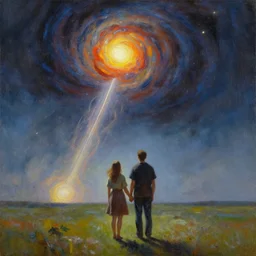 a couple holding hands looking at a giant meteor falling, oil painting, realism, very beautiful, by greg rutkowski, by artgerm